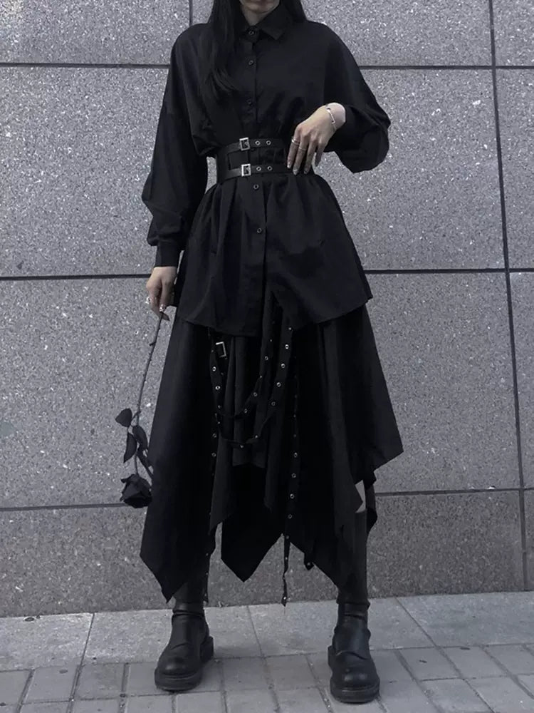 Rivet Yamamoto Black Cool Irregular Shirt & Skirt 2 Pieces Suit