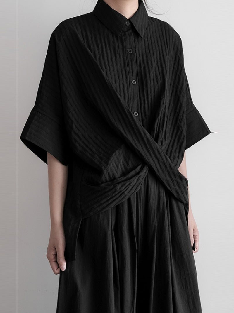 Striped Textured Loose Short-sleeved Shirt