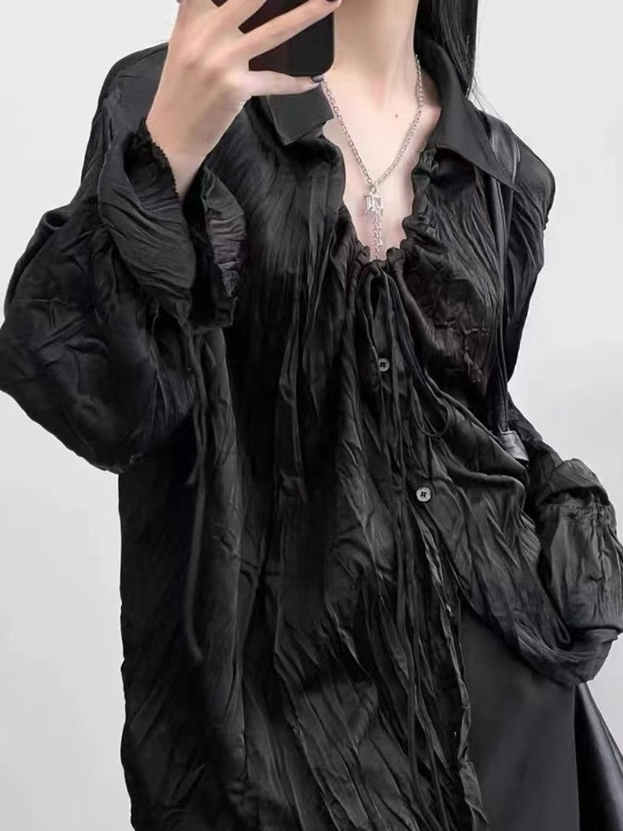 Pleated Drawstring Flared Sleeve Loose Shirt
