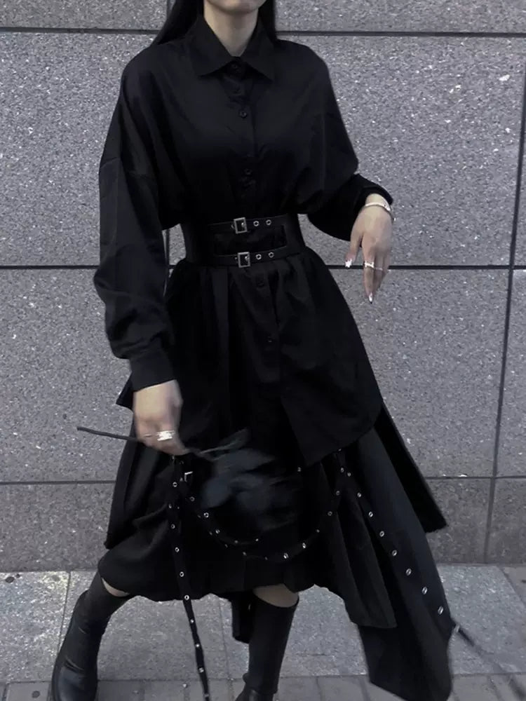 Rivet Yamamoto Black Cool Irregular Shirt & Skirt 2 Pieces Suit