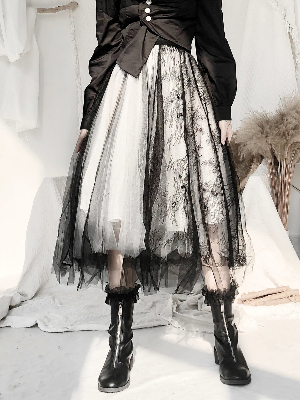 Black Lace Splicing Multi-layer Mesh A-line Tutu Skirt