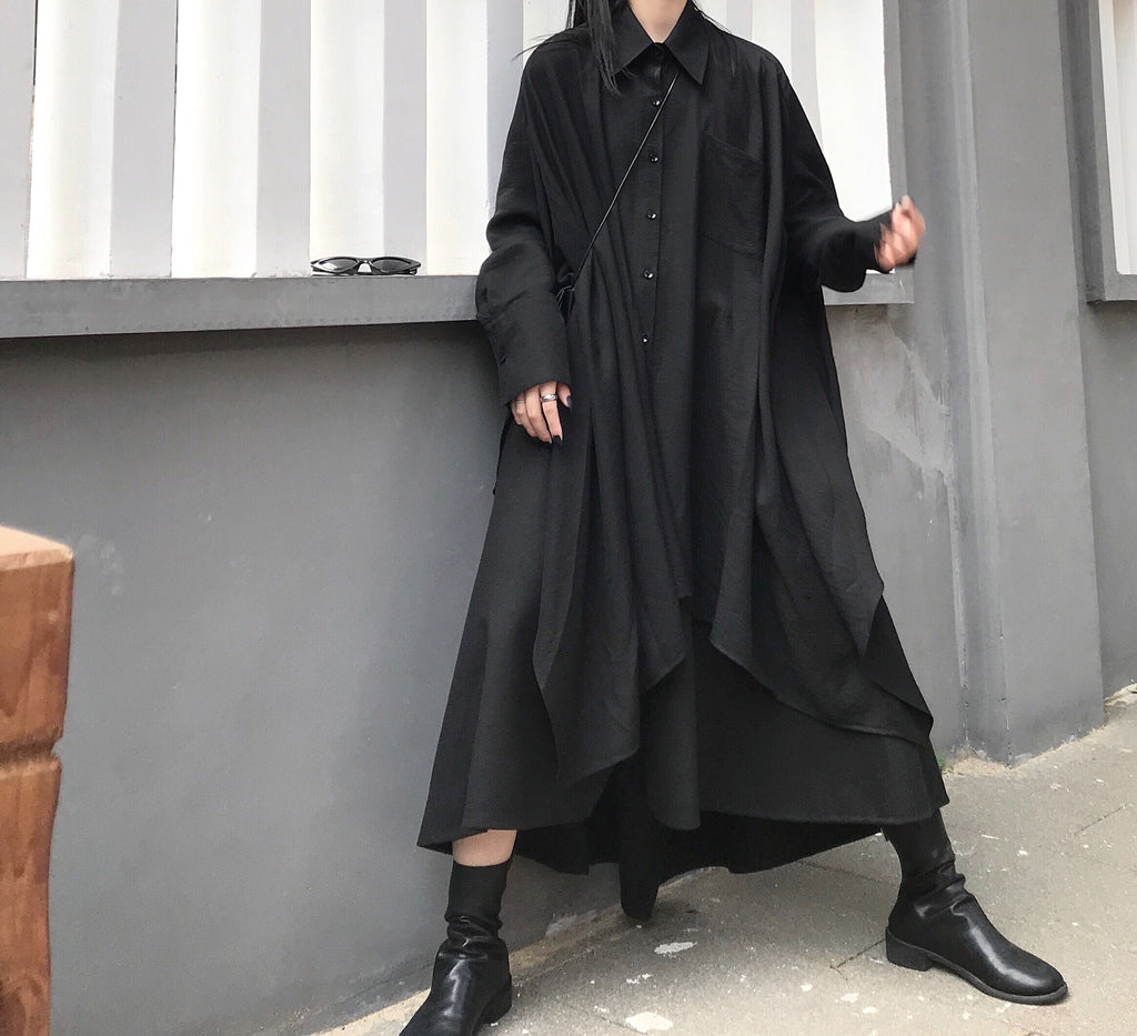 Black Cool Long-sleeved A-line Shirt & Black Skirt 2 Pieces Suit