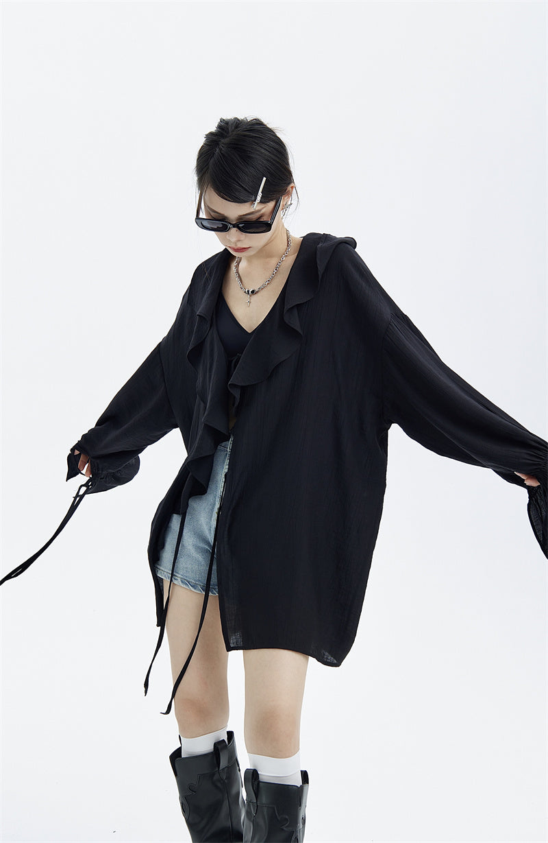 Large Ruffled V-neck Tie Light Shirt