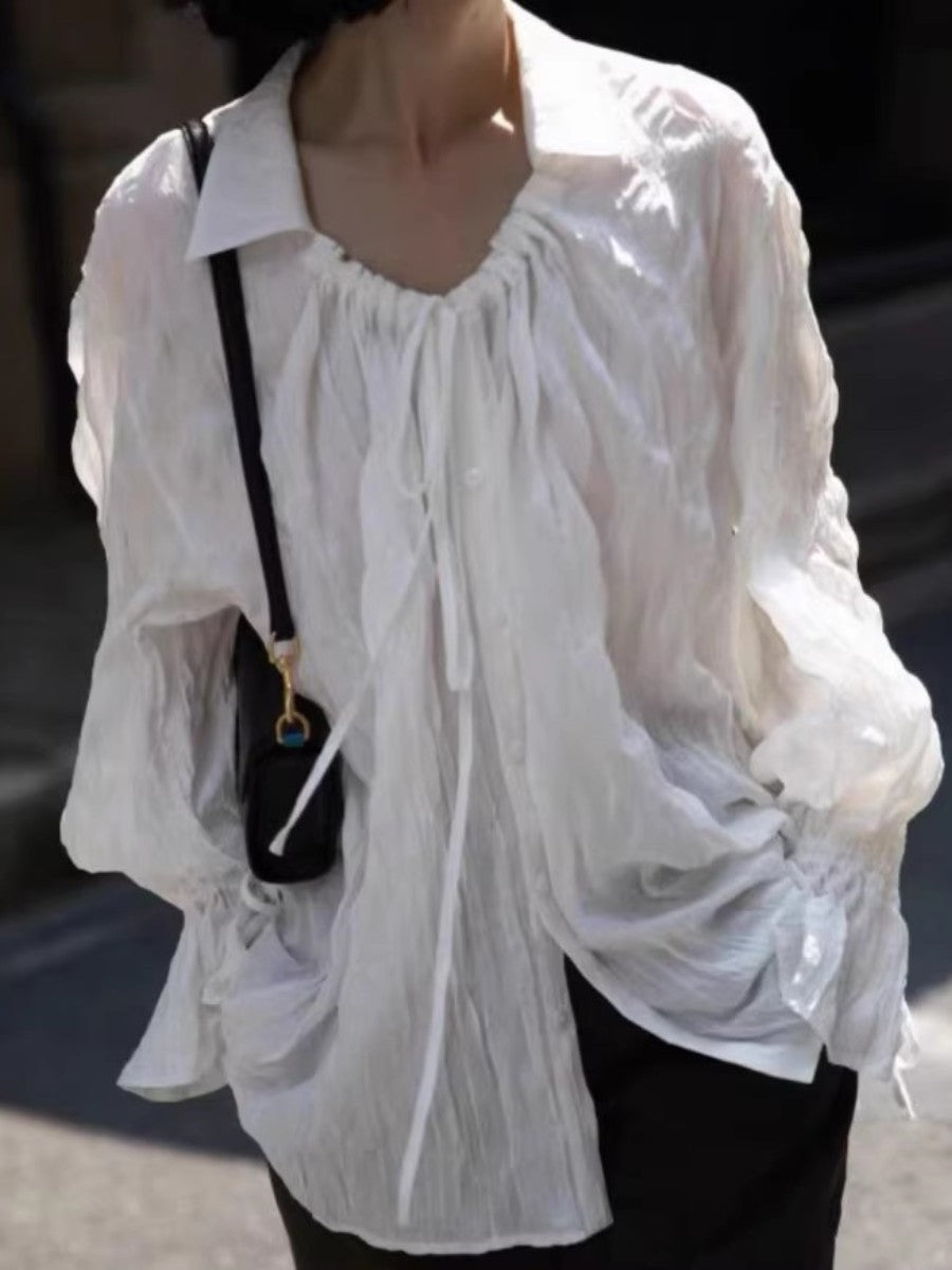Pleated Drawstring Flared Sleeve Loose Shirt