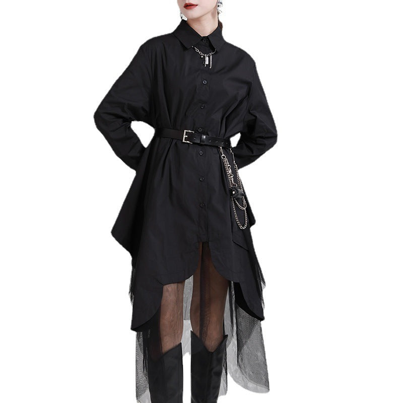 Loose Irregular Swing Patchwork Mesh Shirt Dress
