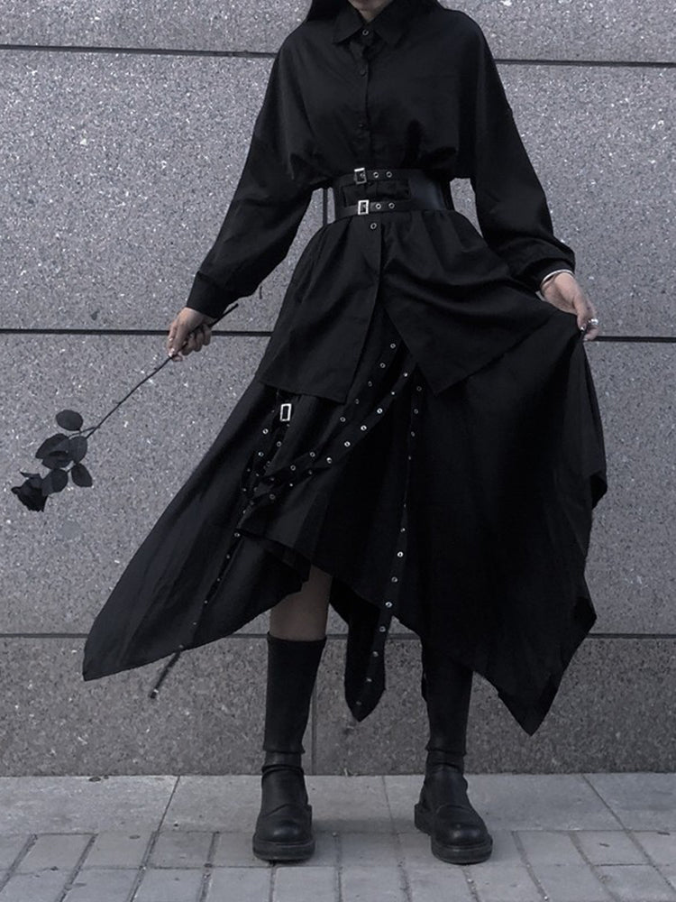 Rivet Yamamoto Black Cool Irregular Shirt & Skirt 2 Pieces Suit