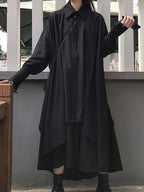 Black Cool Long-sleeved A-line Shirt & Black Skirt 2 Pieces Suit