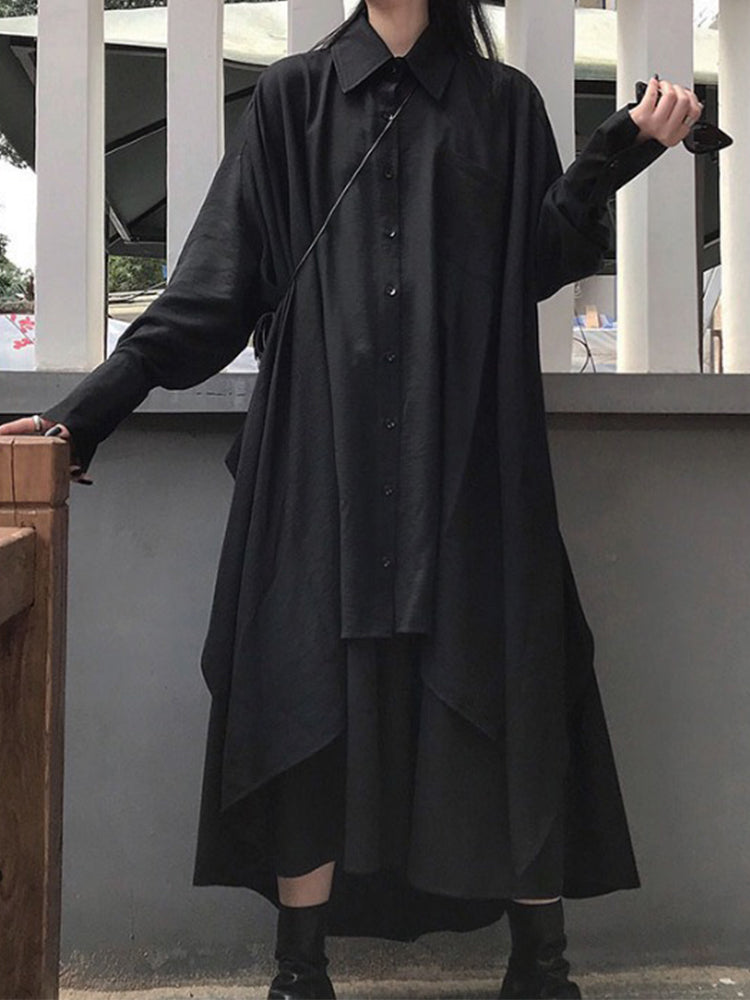 Black Cool Long-sleeved A-line Shirt & Black Skirt 2 Pieces Suit