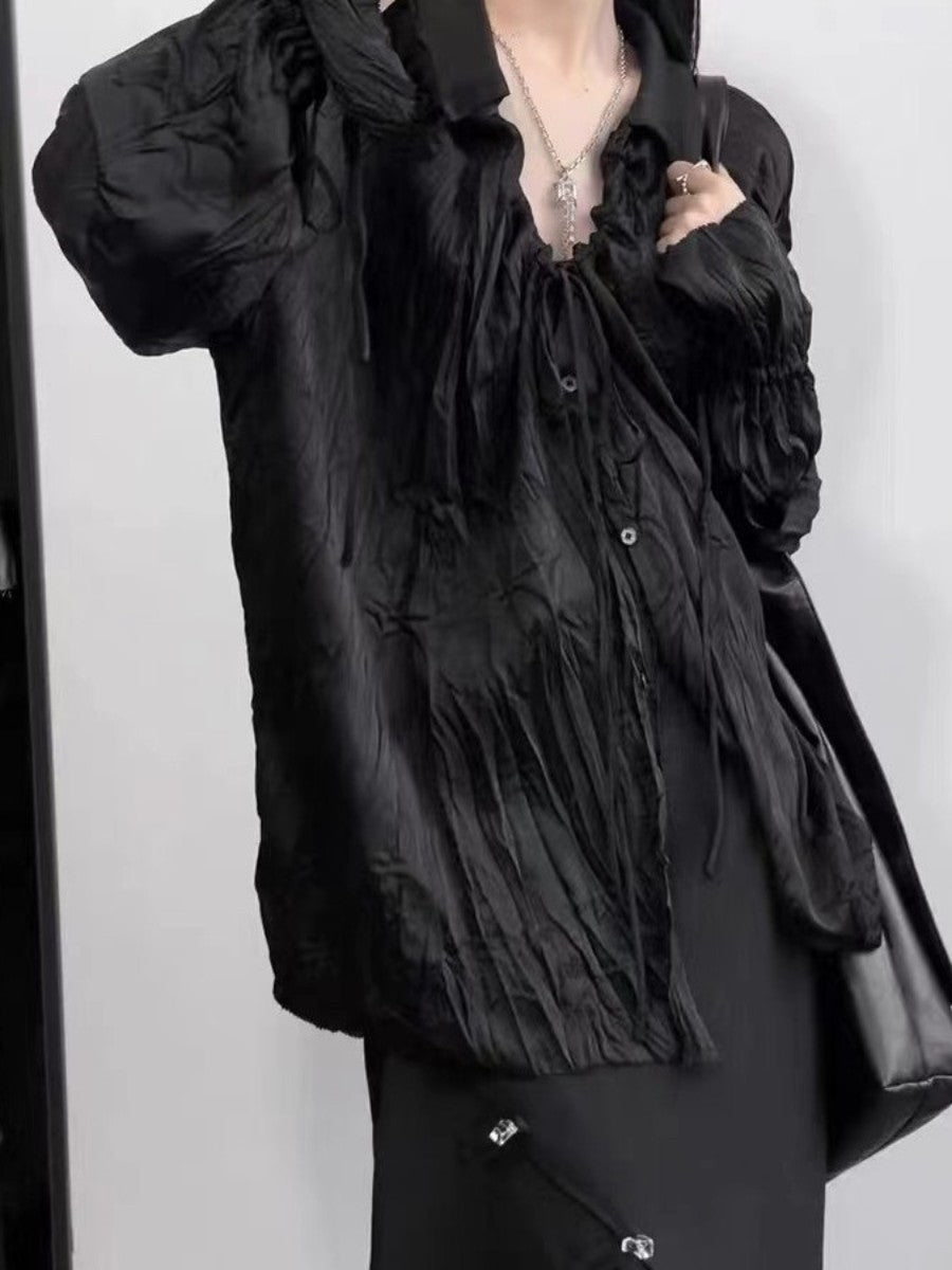 Pleated Drawstring Flared Sleeve Loose Shirt