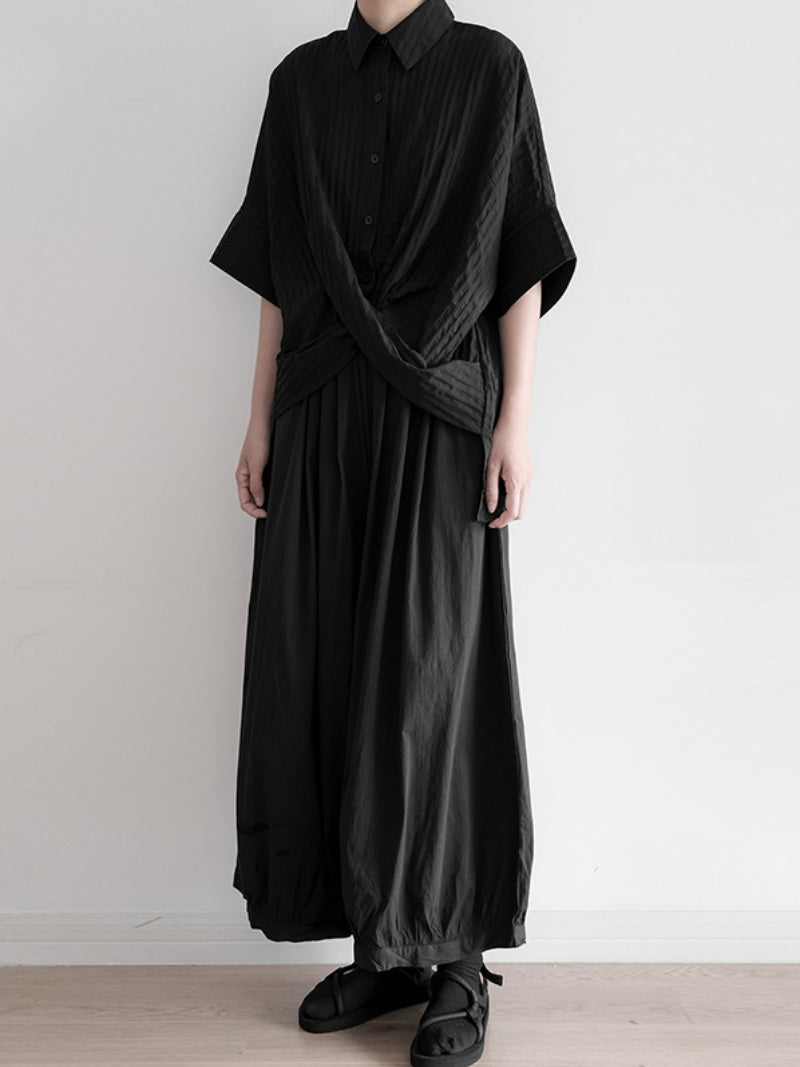 Striped Textured Loose Short-sleeved Shirt