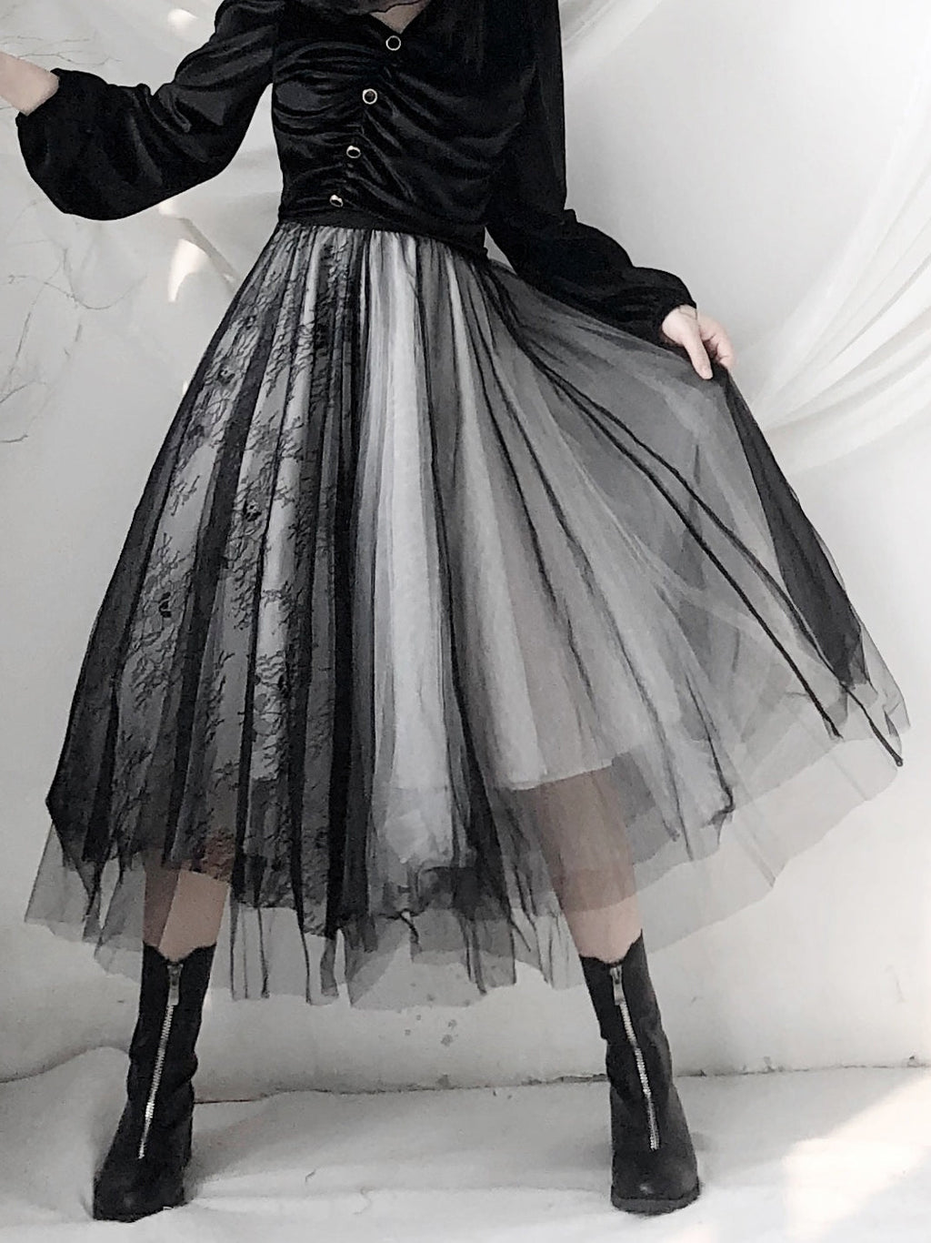 Black Lace Splicing Multi-layer Mesh A-line Tutu Skirt