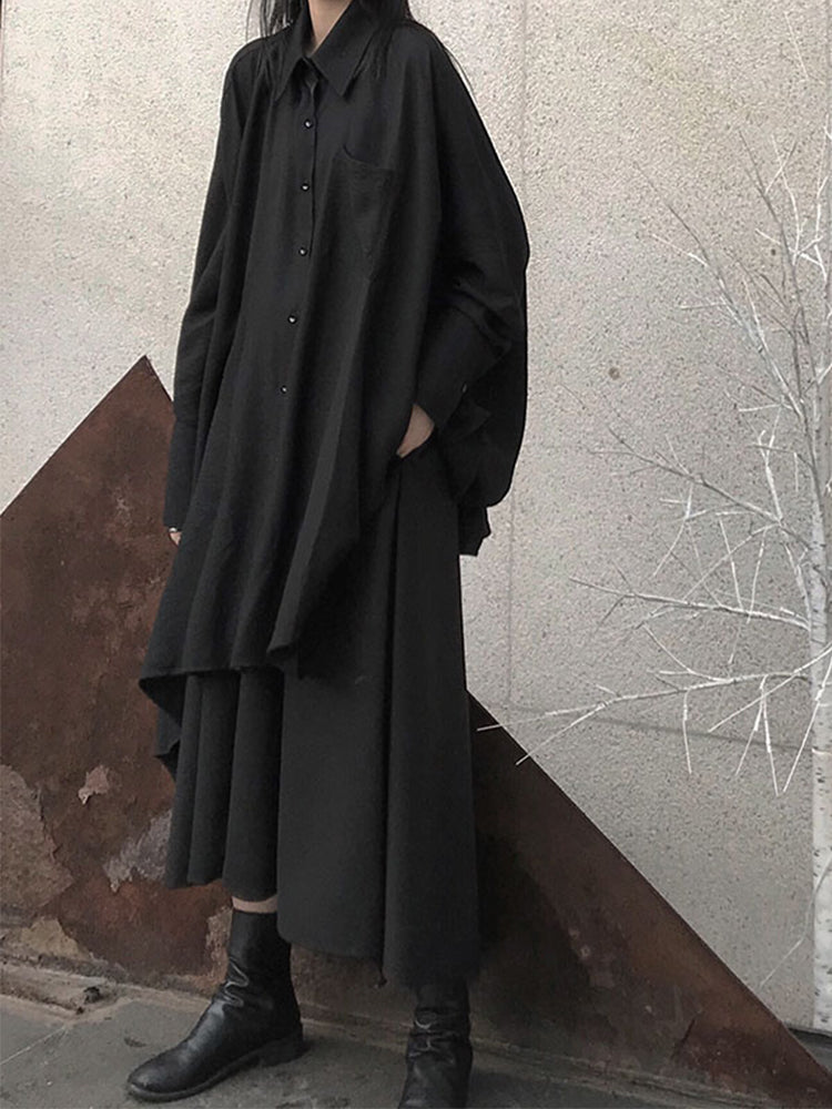 Black Cool Long-sleeved A-line Shirt & Black Skirt 2 Pieces Suit