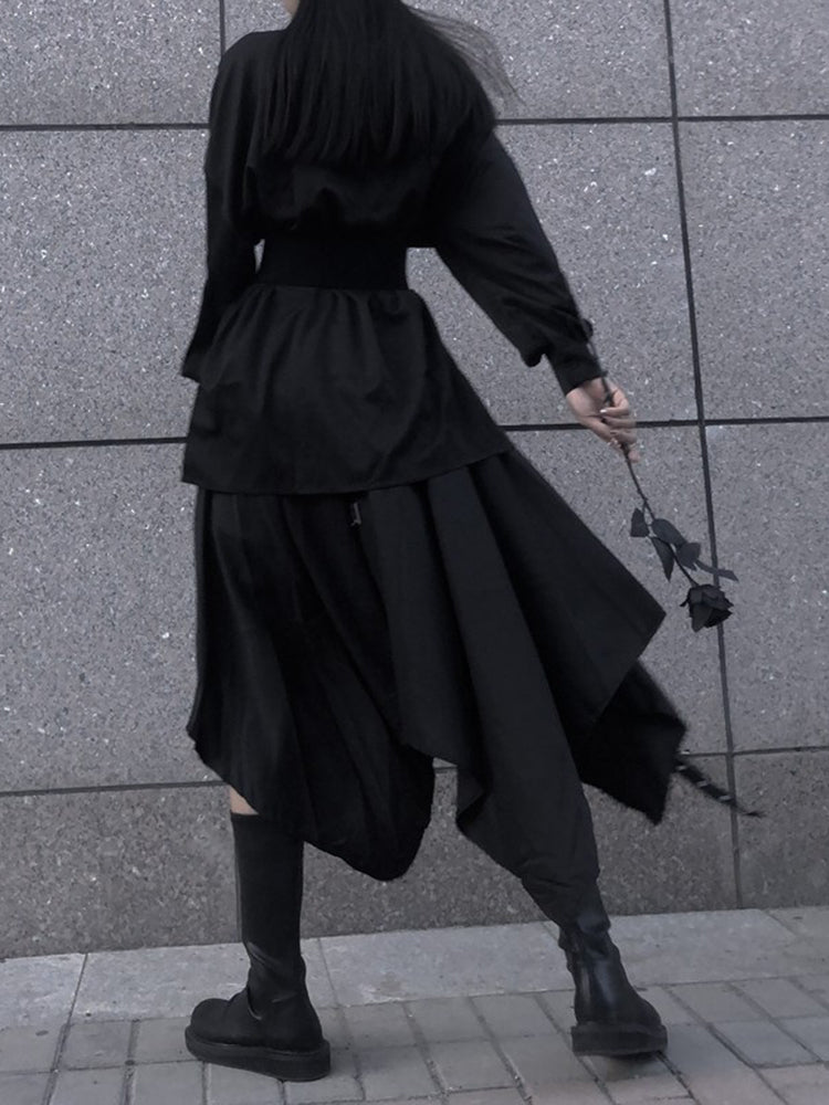 Rivet Yamamoto Black Cool Irregular Shirt & Skirt 2 Pieces Suit