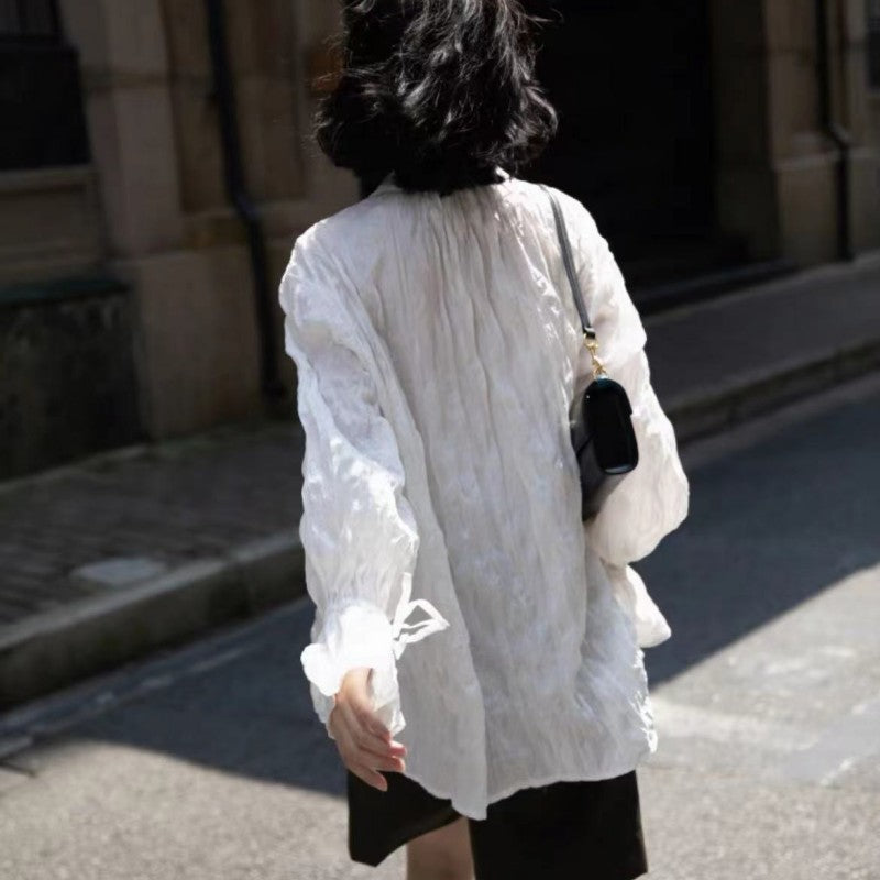 Pleated Drawstring Flared Sleeve Loose Shirt