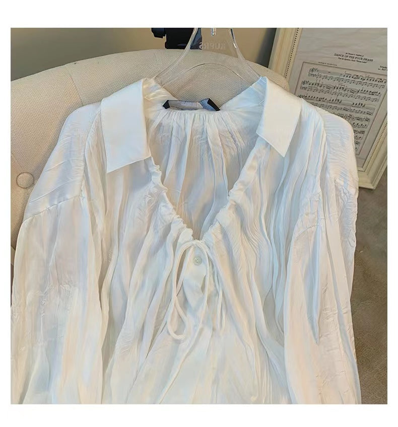 Pleated Drawstring Flared Sleeve Loose Shirt