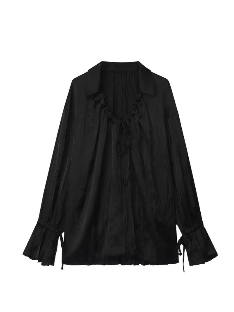 Pleated Drawstring Flared Sleeve Loose Shirt