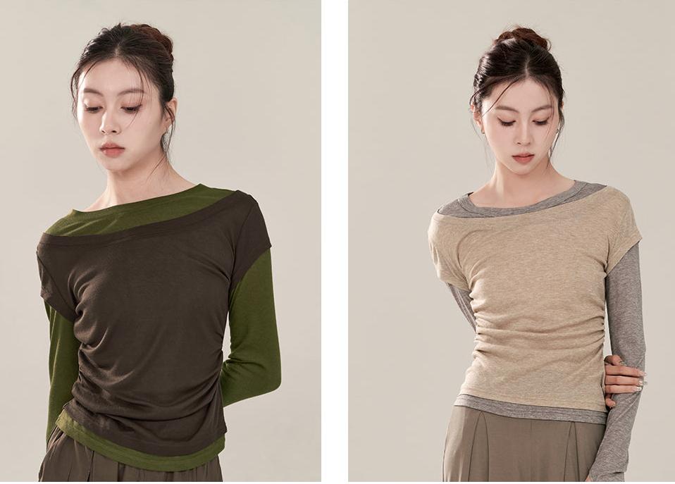 False Two Piece Long Sleeves Activewear Blouse Top