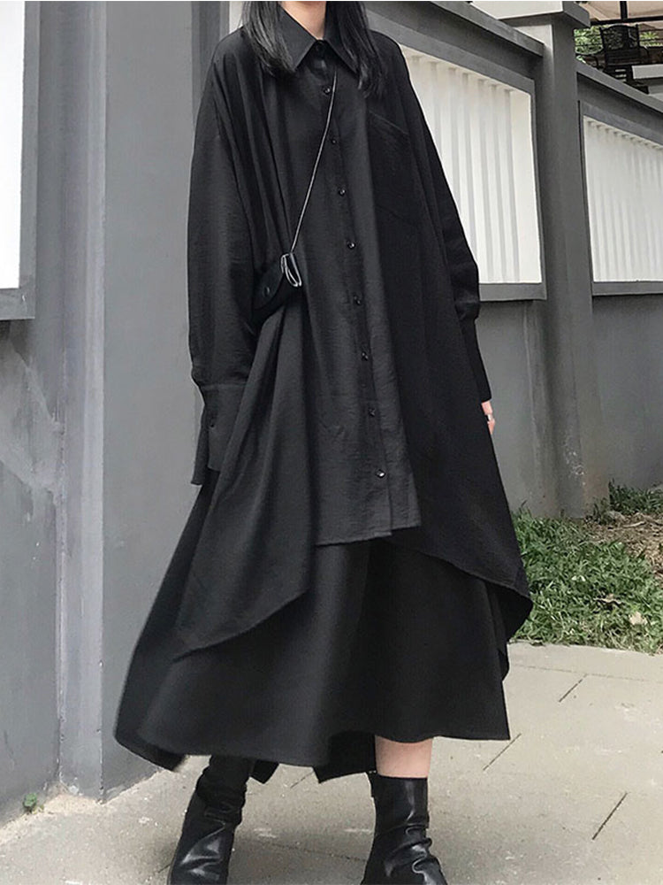 Black Cool Long-sleeved A-line Shirt & Black Skirt 2 Pieces Suit