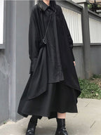 Black Cool Long-sleeved A-line Shirt & Black Skirt 2 Pieces Suit