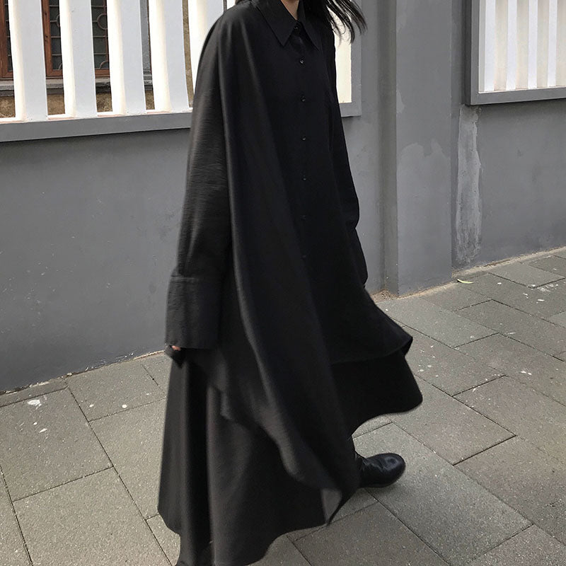 Black Cool Long-sleeved A-line Shirt & Black Skirt 2 Pieces Suit