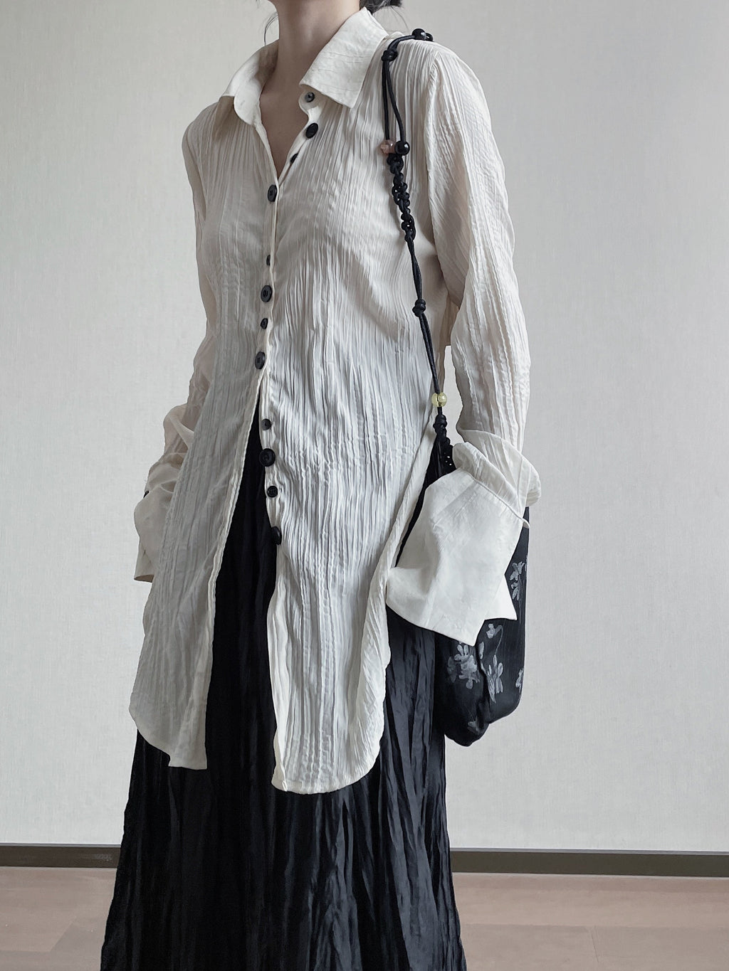 Irregular Pleated Lace-up V-neck Long Shirt