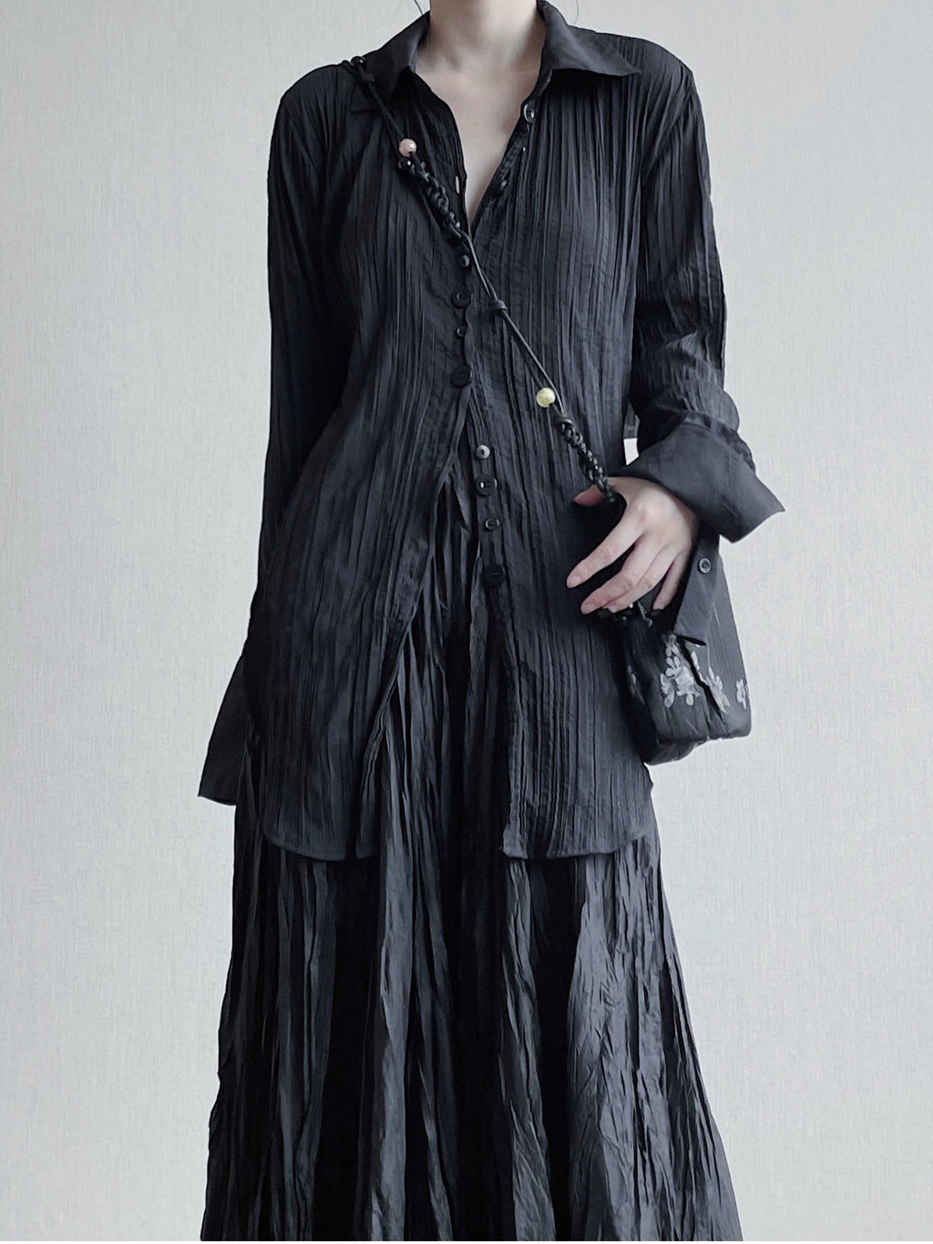 Irregular Pleated Lace-up V-neck Long Shirt