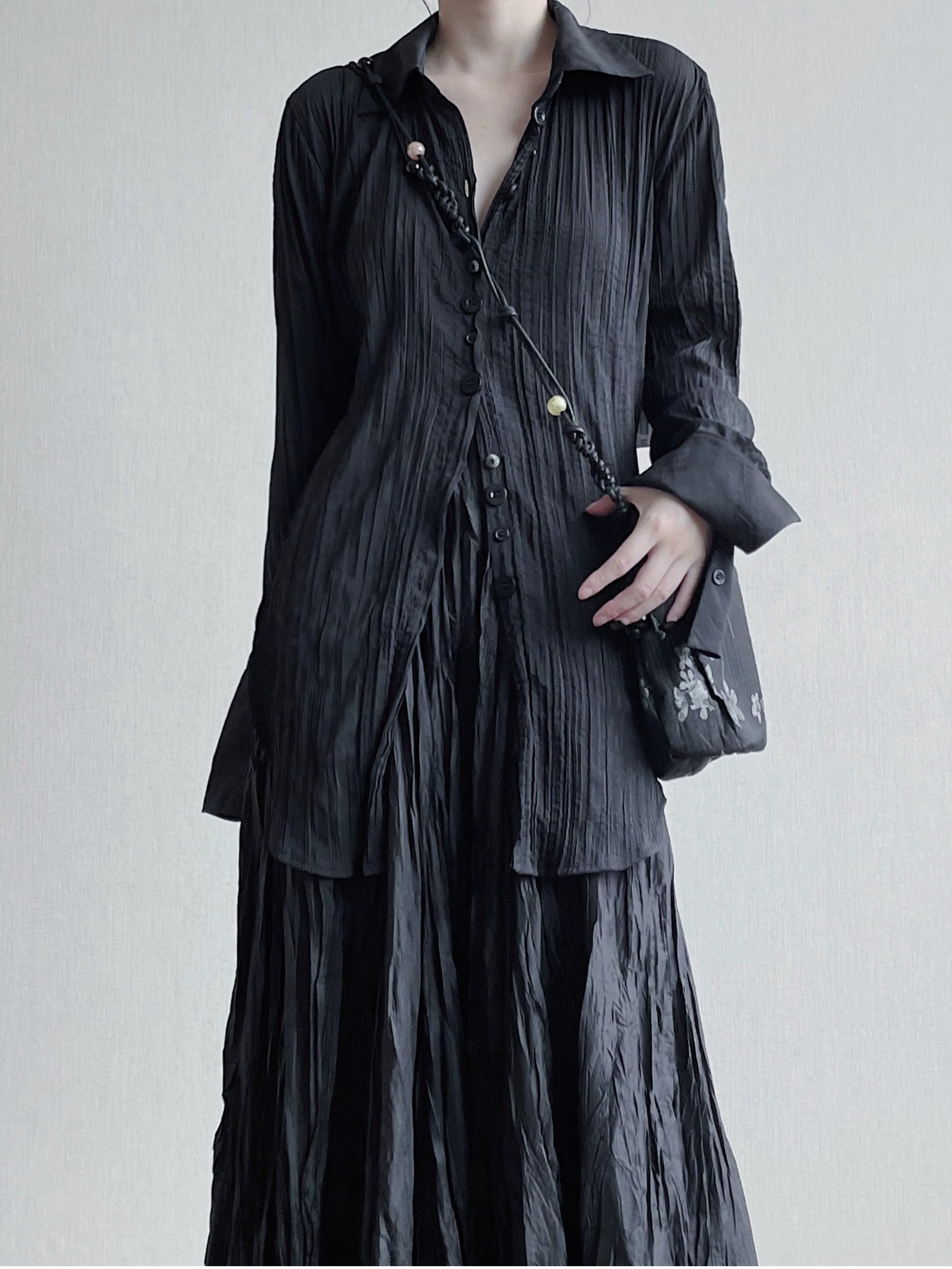Irregular Pleated Lace-up V-neck Long Shirt