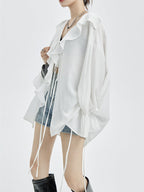 Large Ruffled V-neck Tie Light Shirt