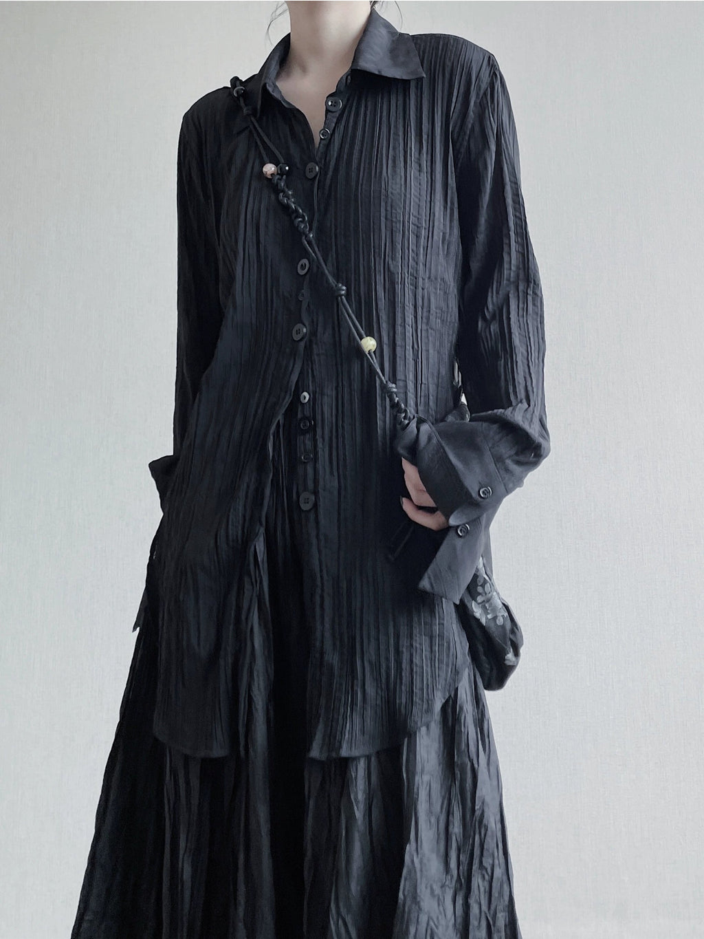 Irregular Pleated Lace-up V-neck Long Shirt