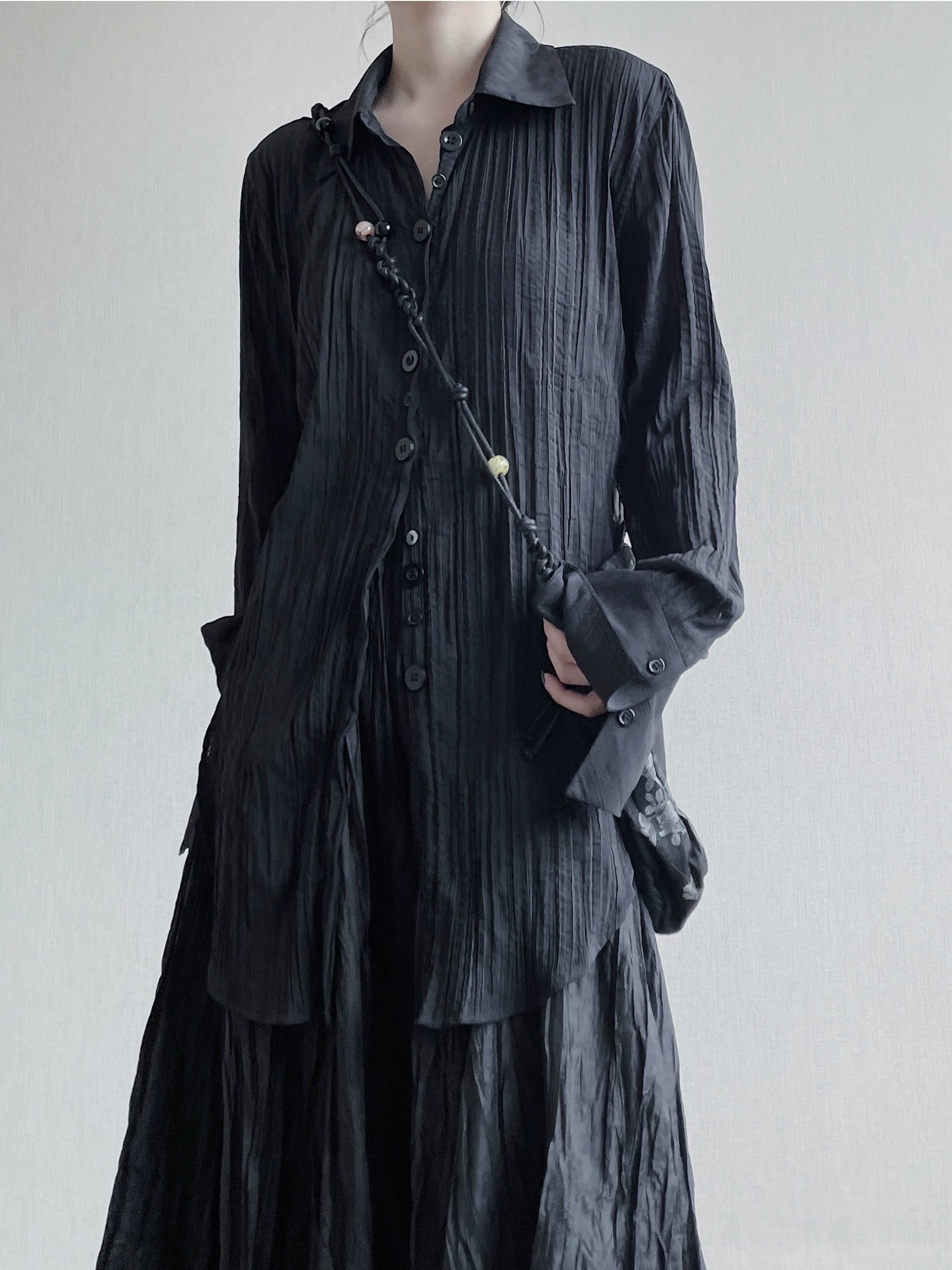 Irregular Pleated Lace-up V-neck Long Shirt