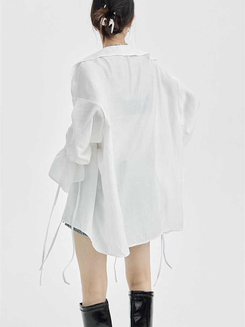 Large Ruffled V-neck Tie Light Shirt
