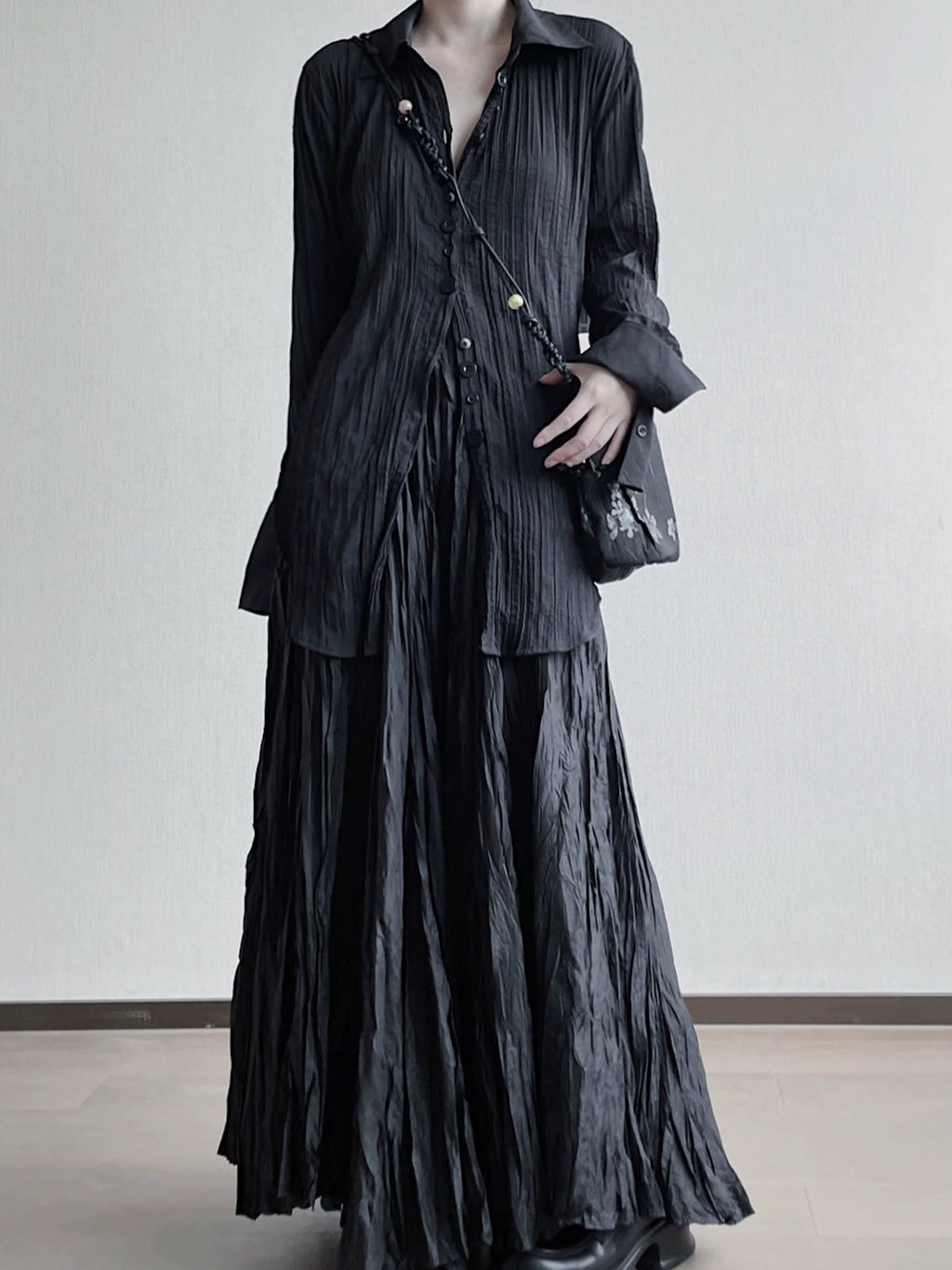 Irregular Pleated Lace-up V-neck Long Shirt