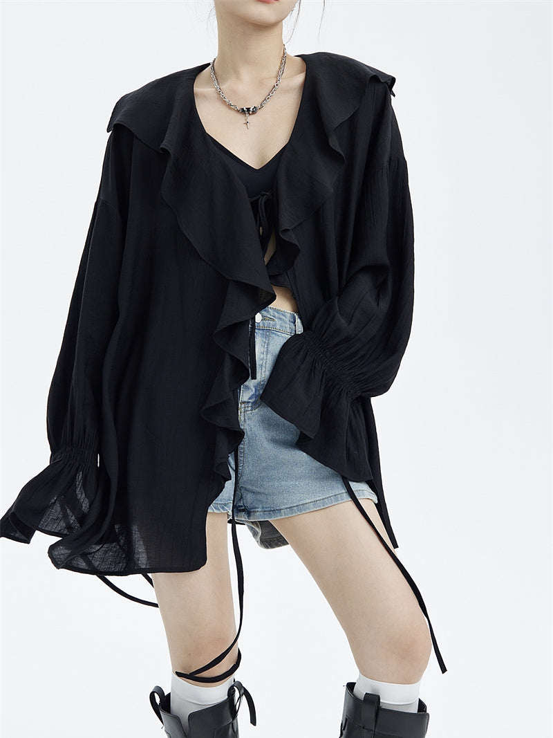 Large Ruffled V-neck Tie Light Shirt