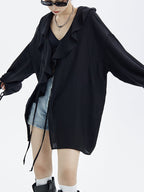 Large Ruffled V-neck Tie Light Shirt