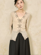 V-neck Embroidered Slim-fit Classic Long-sleeved Top