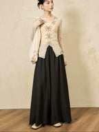 V-neck Embroidered Slim-fit Classic Long-sleeved Top