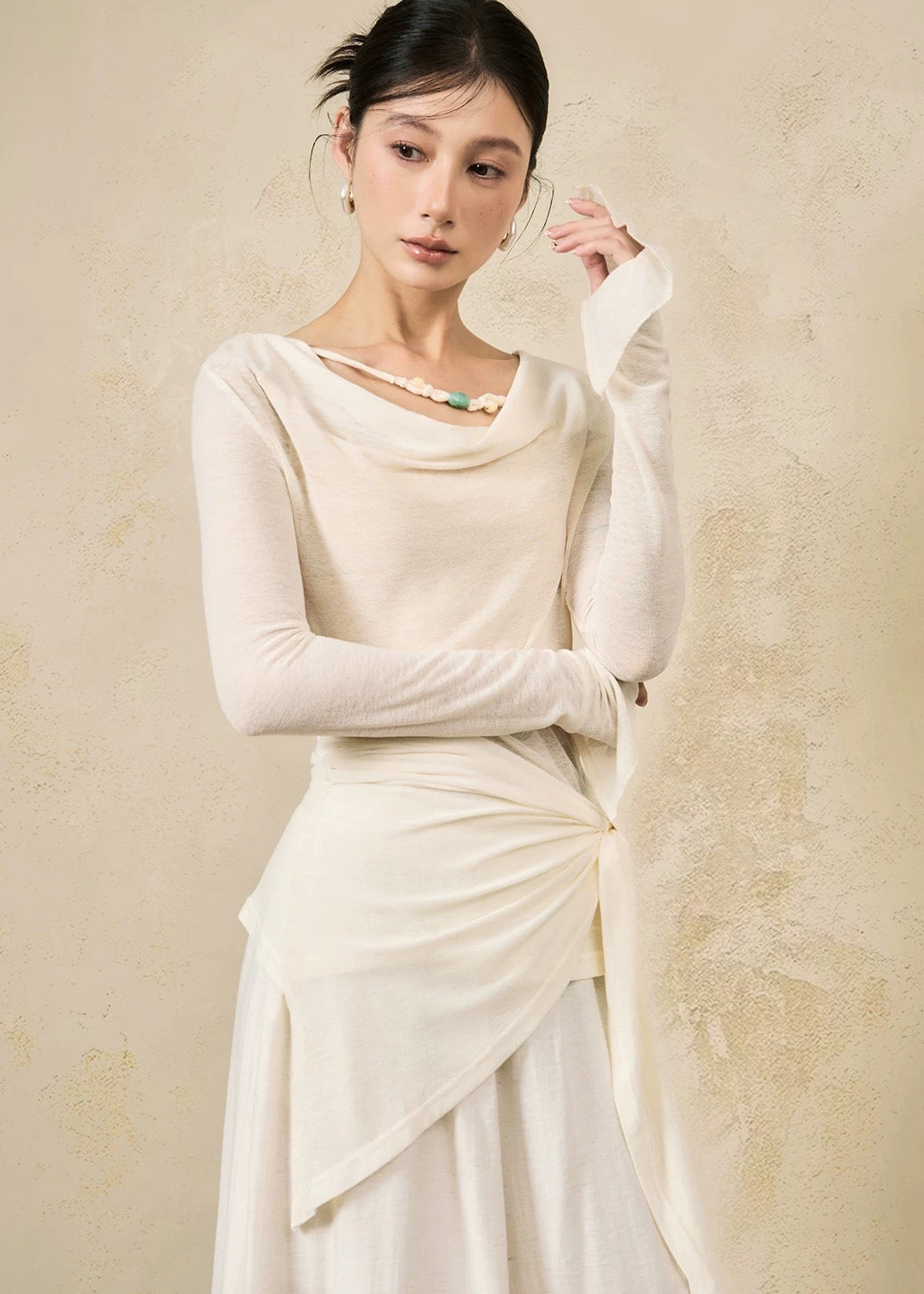 Emerald Beaded Collar Fitted Waist Long sleeves Active Top