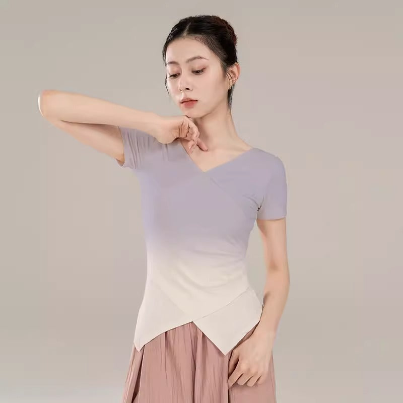 "Purple gradient T-shirt for classical dancewear in daily life."