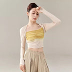 "Apricot long-sleeved crop top with bright yellow stripes classical dance costume."