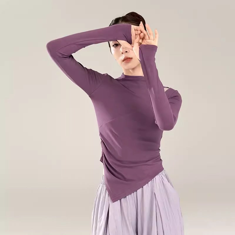 Daily outfit with a purple shirt and classical dance attire.