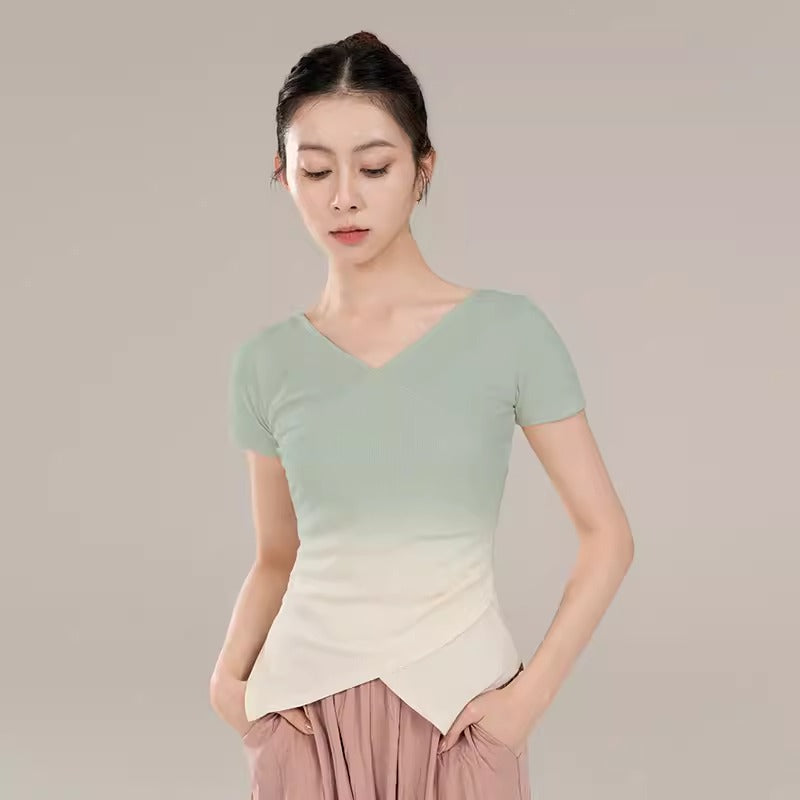"Green gradient T-shirt for casual classical dance attire."