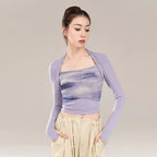 “Purple long-sleeved crop top deep classical dance costume.”