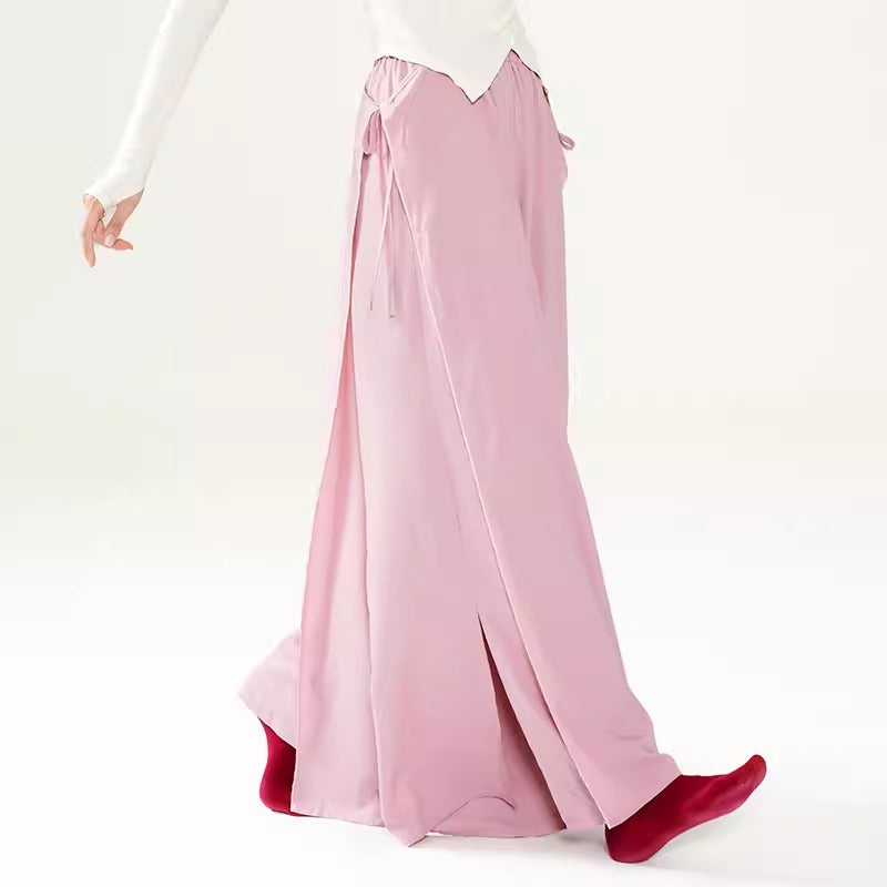 "Powder pink split-leg trousers classical dance costume for daily wear."