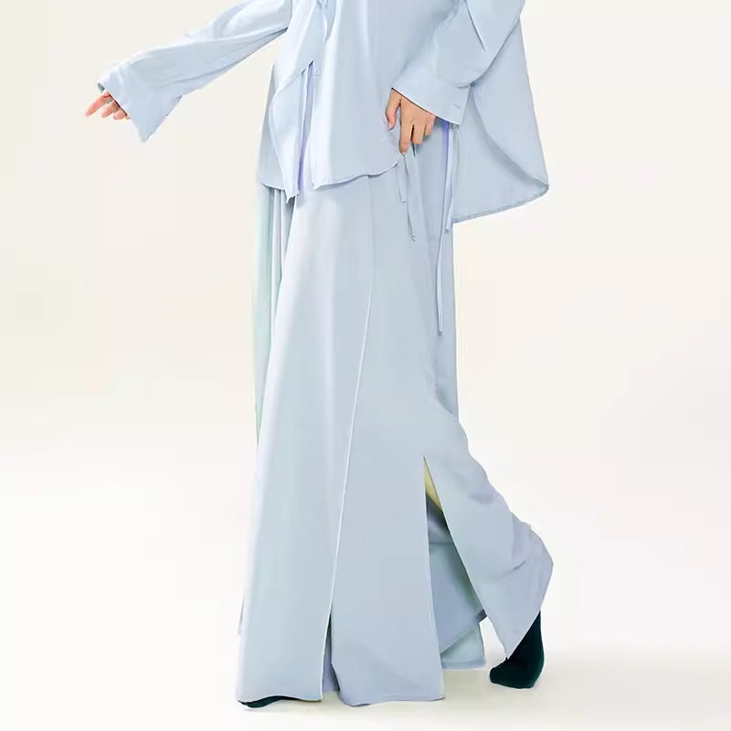 "Light blue slit long trousers classical dance costume daily wear."