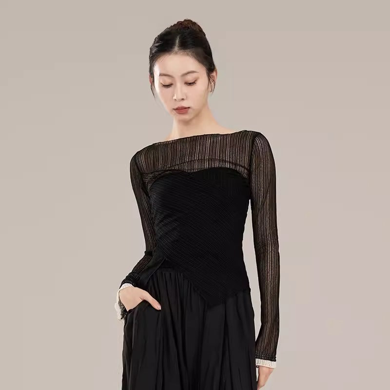 "Black mesh long-sleeved classical dance costume for daily wear."