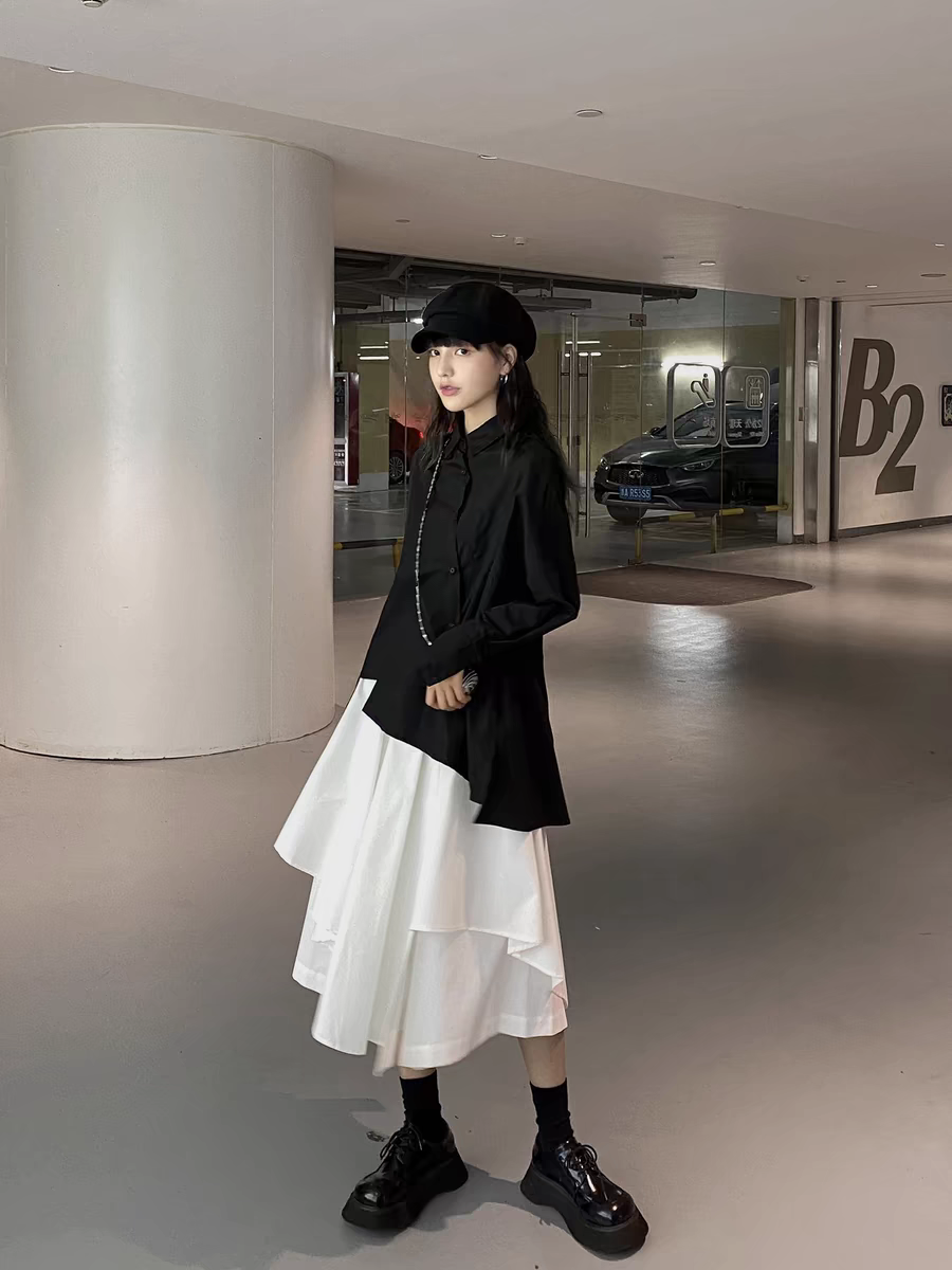 Cool Black Shirt White Skirt 2 Pieces Set