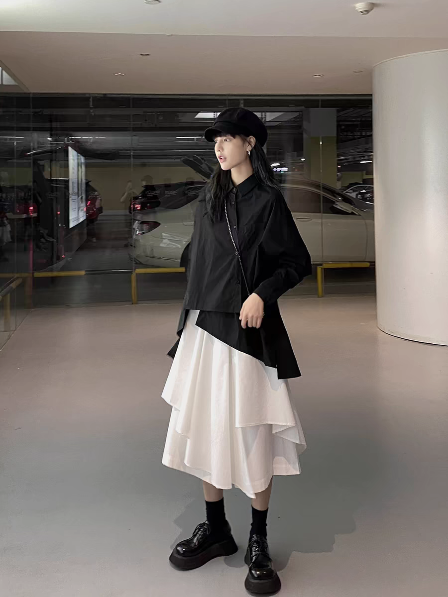 Cool Black Shirt White Skirt 2 Pieces Set